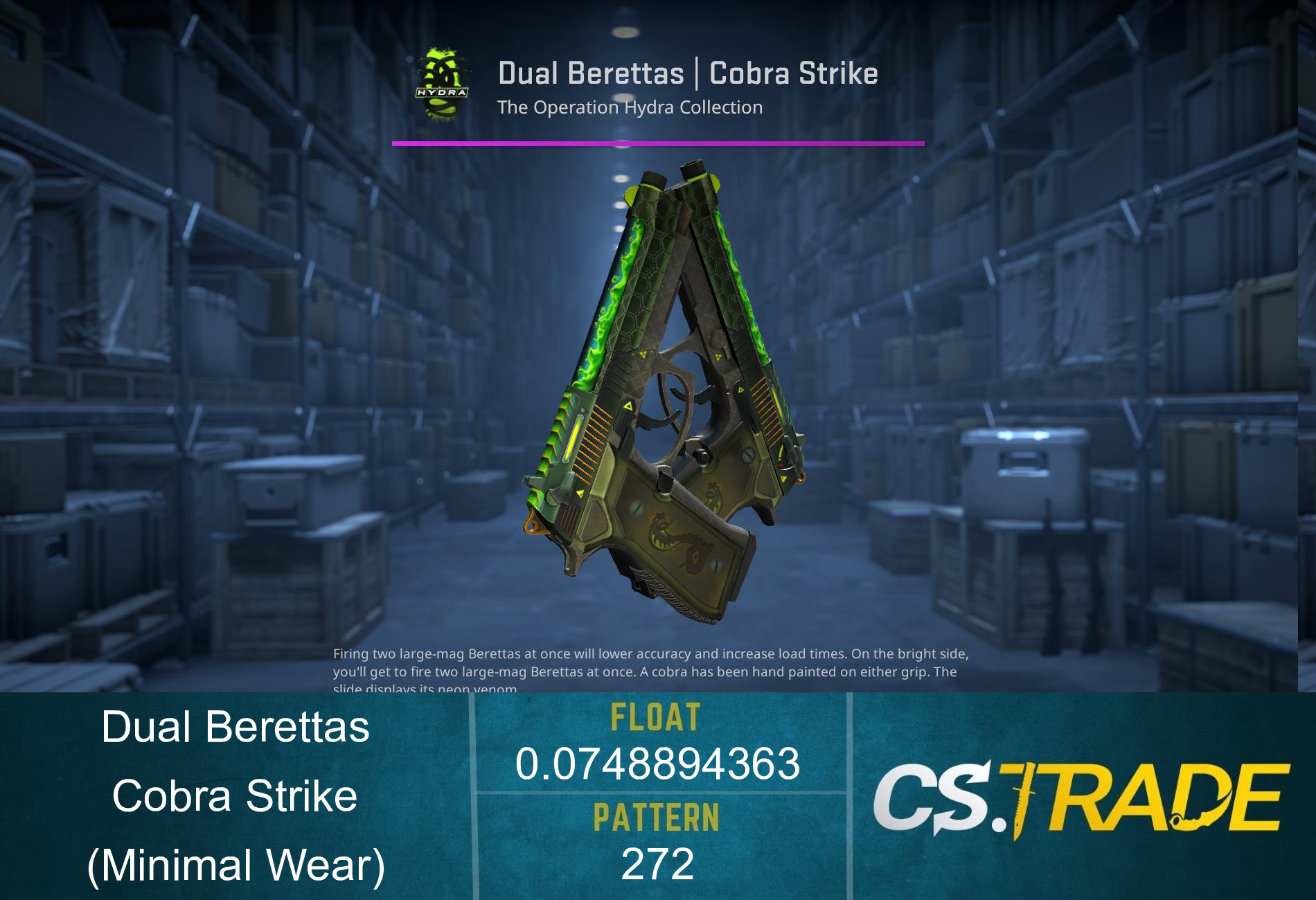 StatTrak™ Dual Berettas | Cobra Strike (Minimal Wear) Screenshot