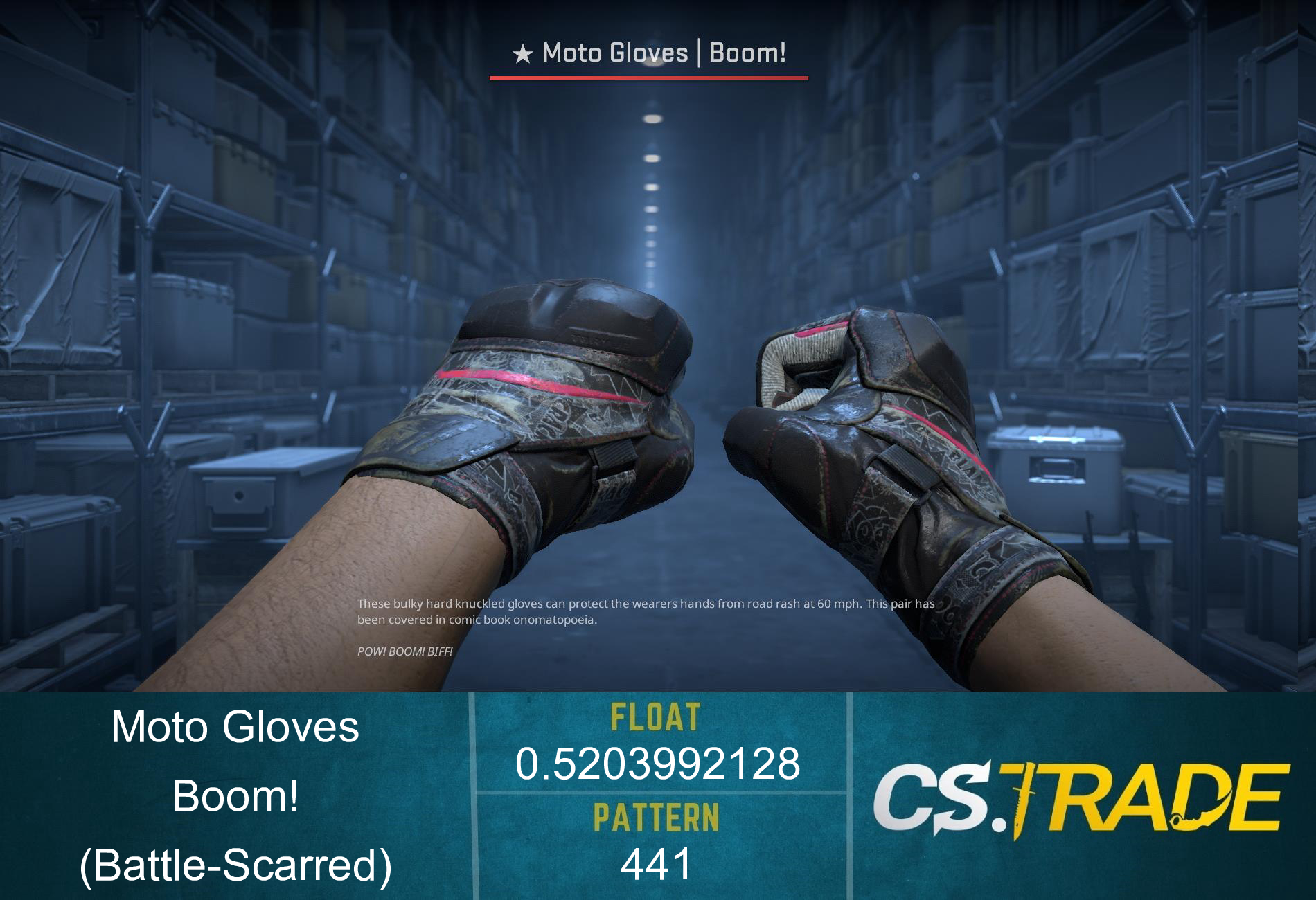 ★ Moto Gloves | Boom! (Battle-Scarred) Screenshot