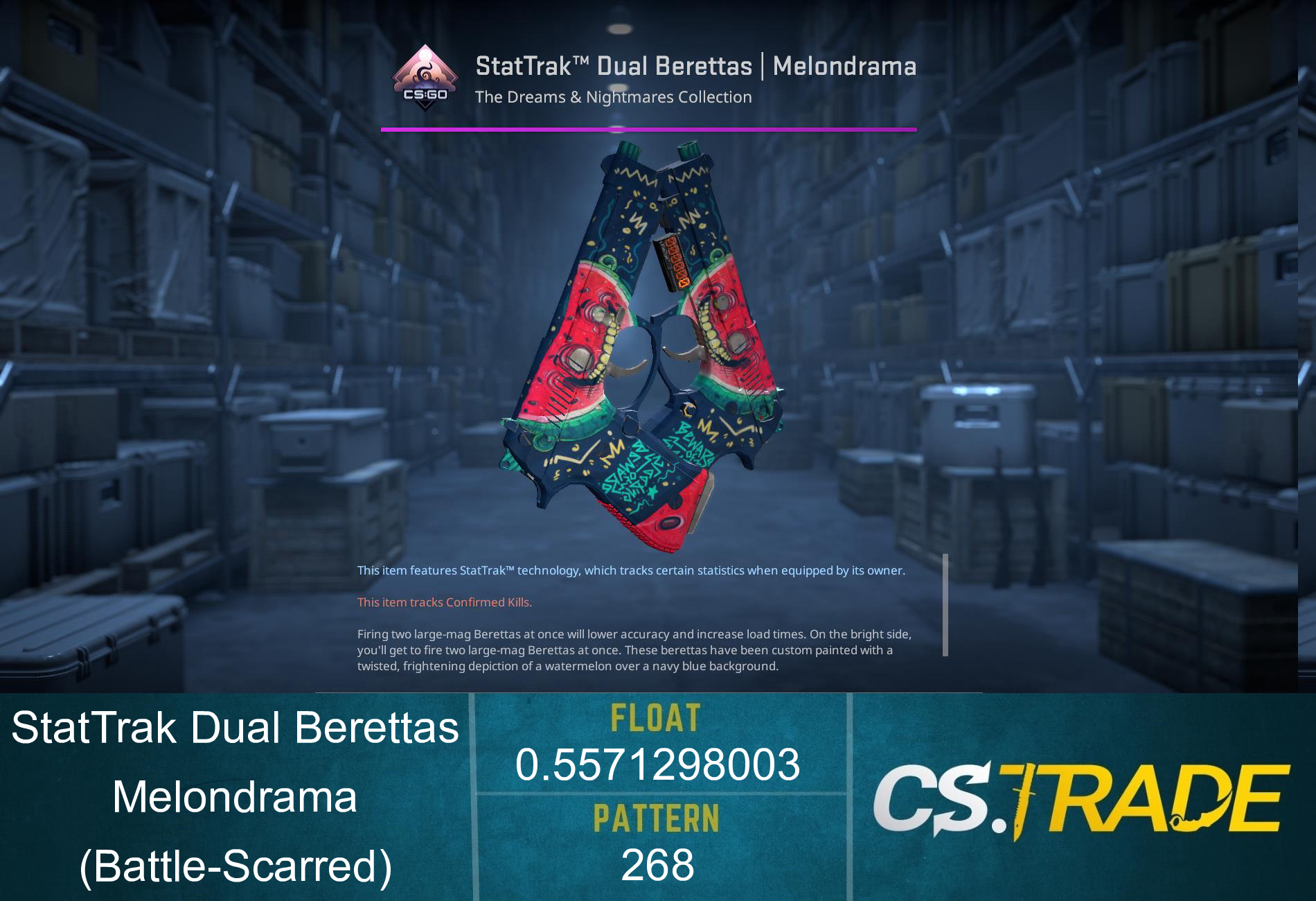 StatTrak™ Dual Berettas | Melondrama (Battle-Scarred) Screenshot